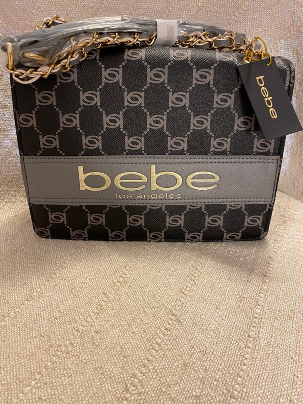 bebe Black & Gray Logo Chain Crossbody Bag